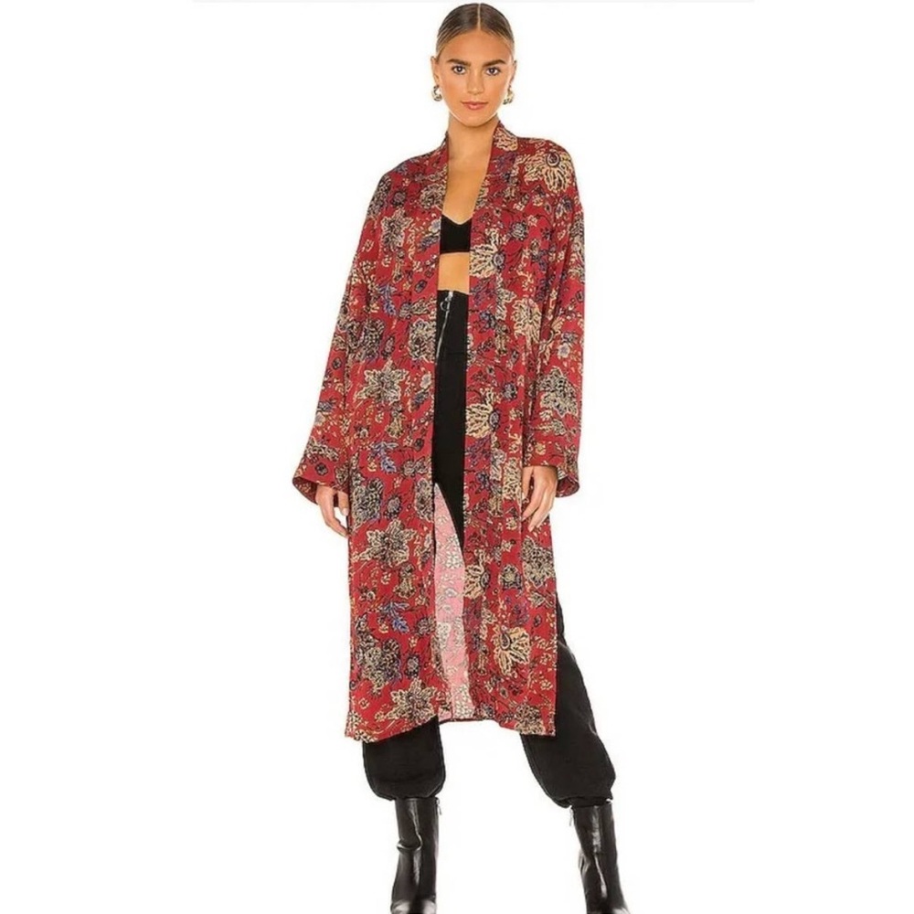 FREE PEOPLE  Play It Cool Long Jacket Kimono Color: Brown Combo Size Medium
